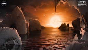 As NASA works to identify Earth-like planets orbiting nearby stars, this artist’s concept imagines the surface of TRAPPIST-1f, one of seven planets orbiting an ultra-cool dwarf sun 235 trillion miles from Earth. The James Webb Space Telescope will give astronomers a much closer look at the TRAPPIST-1 solar system. Credit: NASA